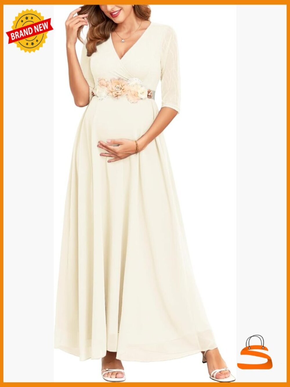 3/4 Sleeve Maternity Dress Leaf Lace Chiffon V Neck Wrap A Line Flowy